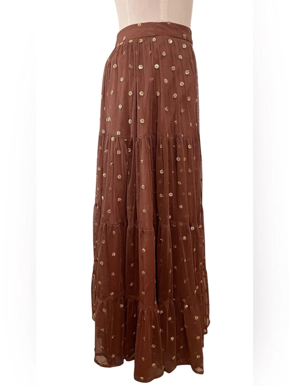 ❤️ NWOT! House of Indya Tulle Mesh Gold Foil Embroidery Tiered Boho Maxi Skirt
